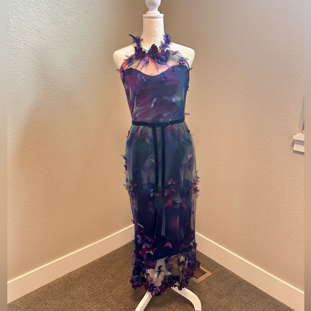Marchesa Notte Halter 3D Floral Print Cocktail Dress in Blue & Purple (Size 0)